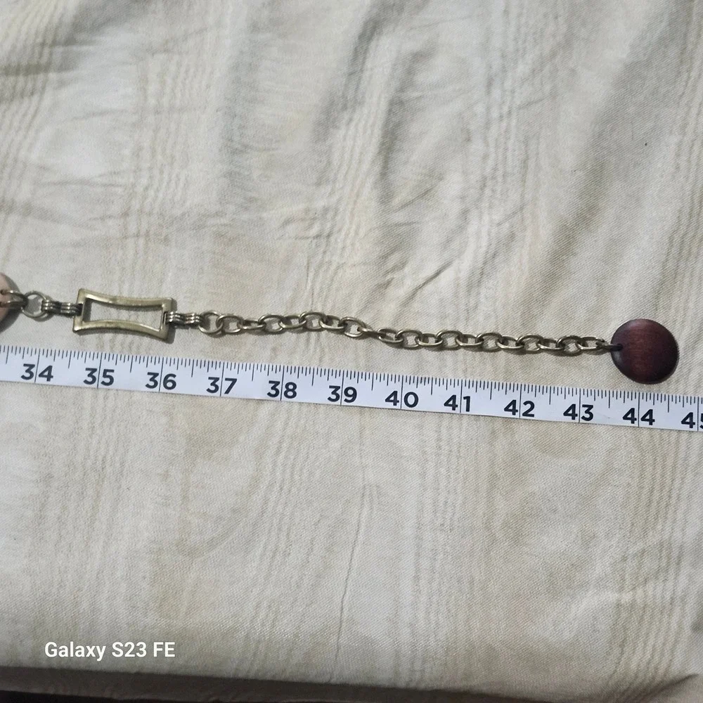 Vtg Y2K Brass Chain Link Hip Belt Womens OS Brown Wood Disc‎ Boho Whimsygoth